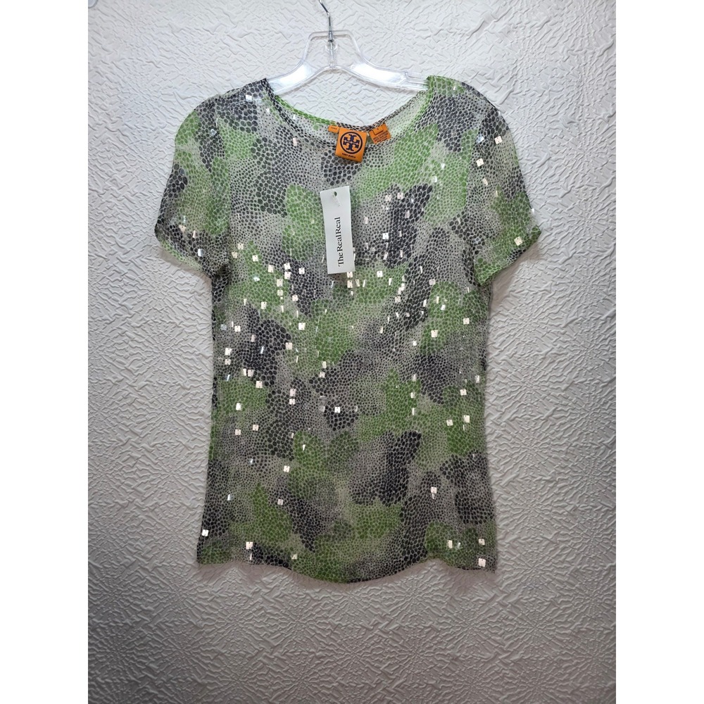 Tory Burch Sequin Silk Top Womens 4 Green Grey Good Short Sleeve Abstract Dot